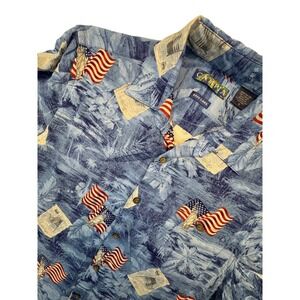 Campia Button Up Shirt Mens Small Blue Rayon American Flag Statue Liberty